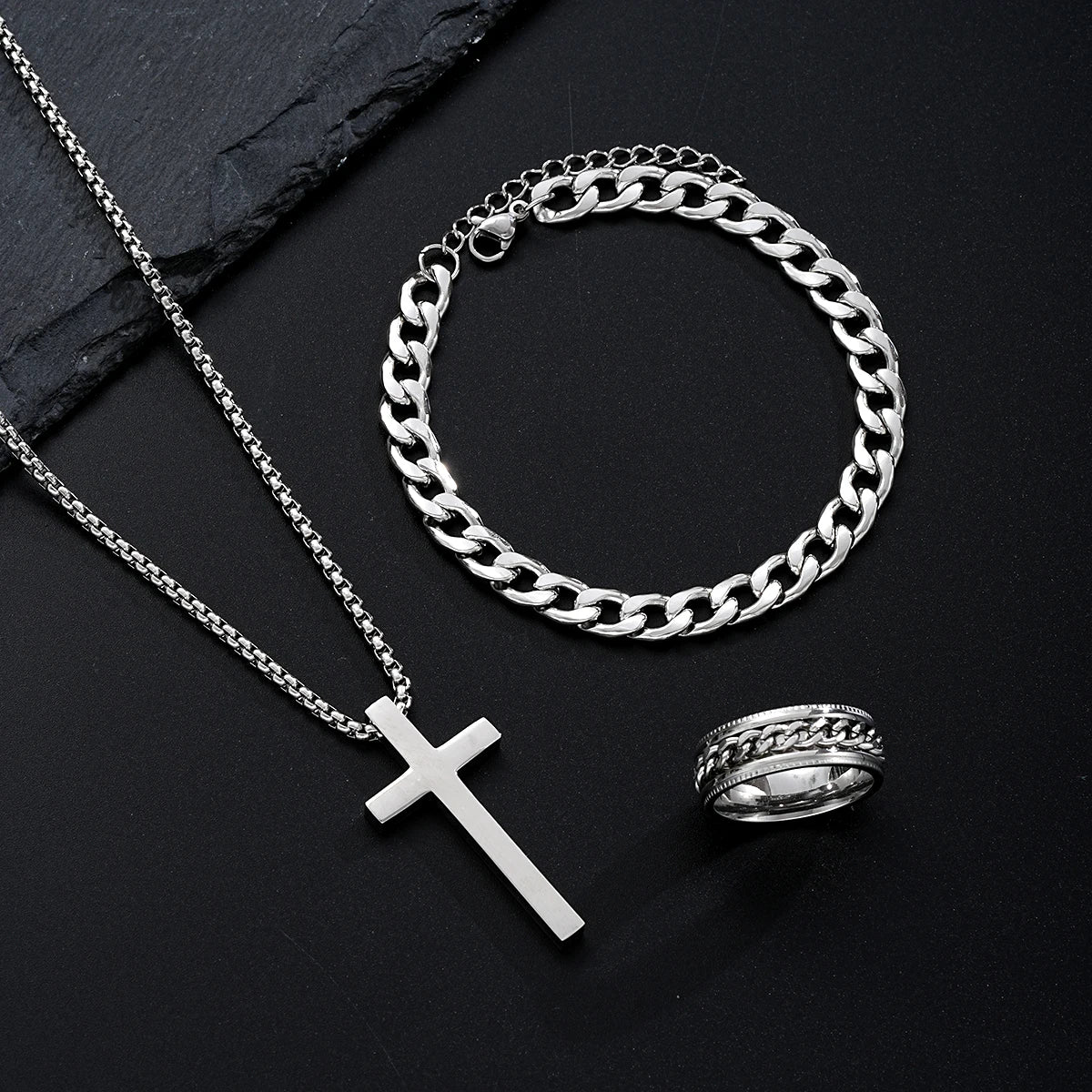3 pçs pulseira de aço inoxidável colar anel para homens mulheres retro simples e personalizado punk hip hop conjunto jóias moda presentes