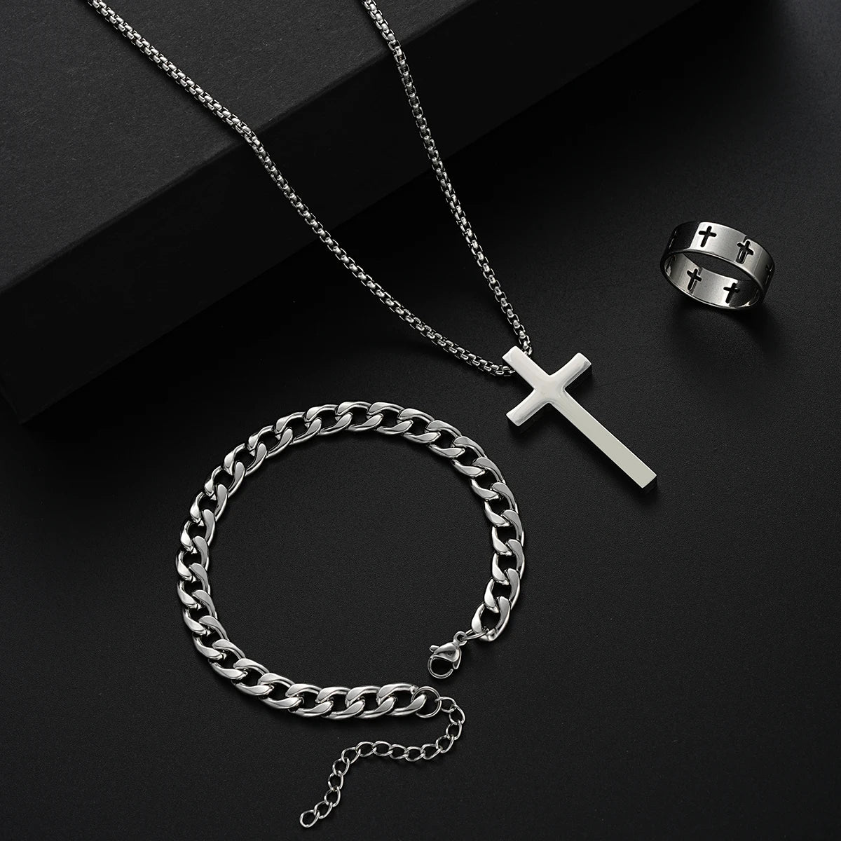 3 pçs pulseira de aço inoxidável colar anel para homens mulheres retro simples e personalizado punk hip hop conjunto jóias moda presentes