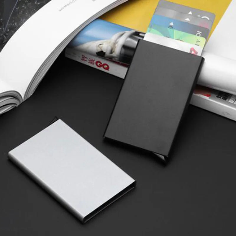 Anti-roubo id titular do cartão de crédito porte carte fino alumínio metal carteiras bolso caso banco feminino masculino caixa de cartão de crédito