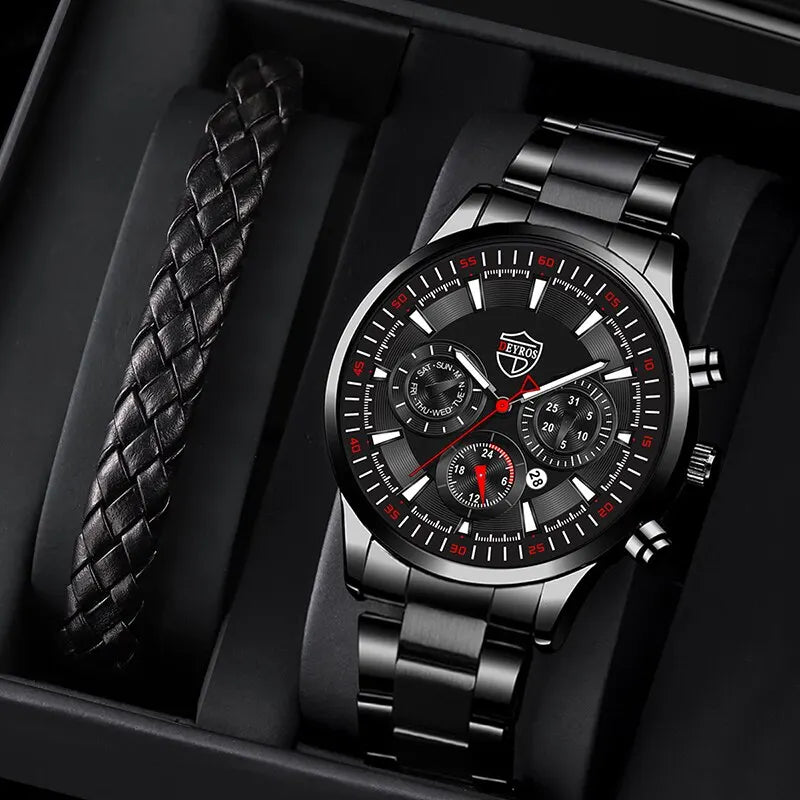 Relógio de pulso quartzo de aço inoxidável masculino, Relógios de negócios, Masculino Casual Data, Pulseira de couro luminoso, Relógio, Moda