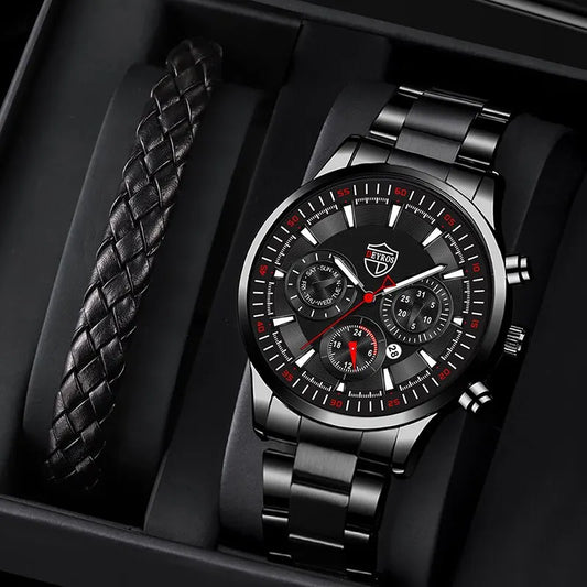 Relógio de pulso quartzo de aço inoxidável masculino, Relógios de negócios, Masculino Casual Data, Pulseira de couro luminoso, Relógio, Moda