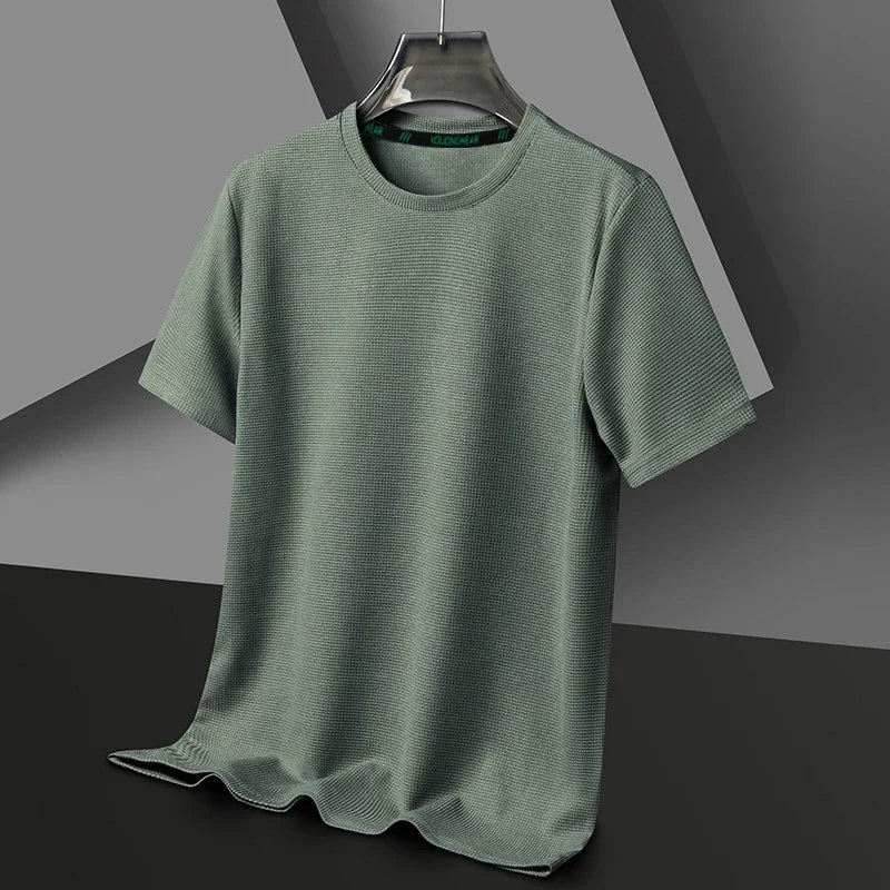 Verão o pescoço manga curta t-shirts para homens casual waffle camiseta dos homens respirável sólido topos moda t camisa homem roupas