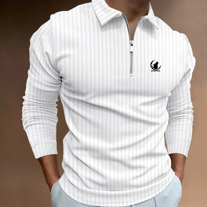 Camisa polo com zíper manga comprida masculina, roupa listrada, nova
