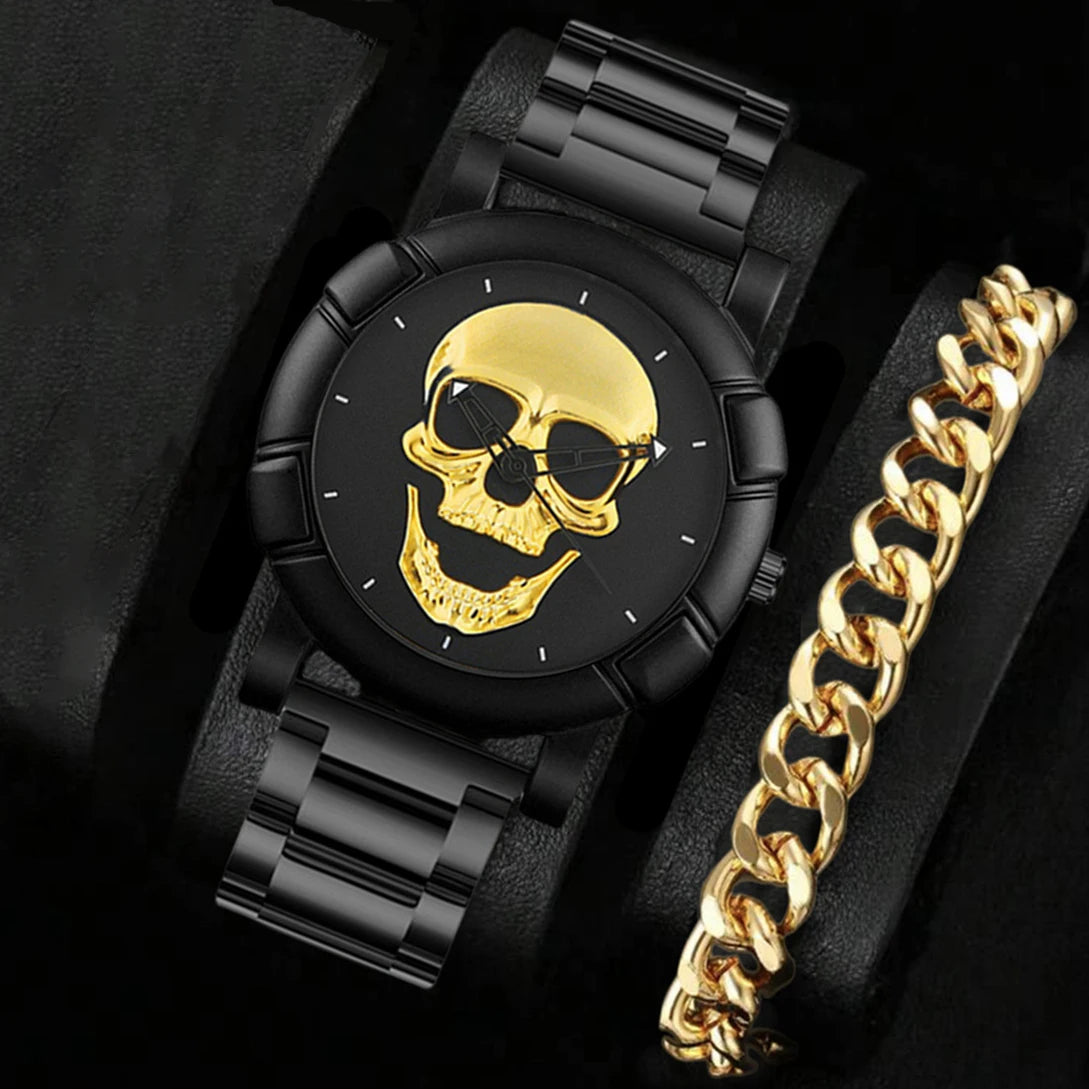 Halloween crânio nk pulseira define relógios masculinos marca de luxo hiphop banda aço inoxidável relógios quartzo para presentes dos homens nova venda quente