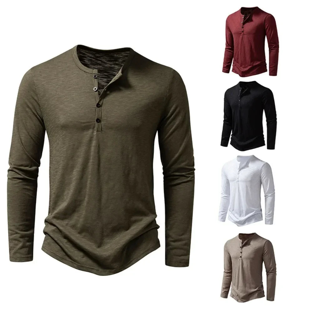 Camiseta de algodão com botão masculina, manga comprida, respirável, camiseta fina, gola Henley, monocromática, casual, moda versátil, outono, nova