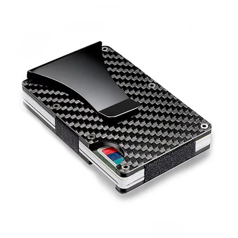 Carteira minimalista com bloqueio RFID para homens em fibra de carbono - porta-cartões anti-roubo de metal fino para identificação de dinheiro e cartões de crédito