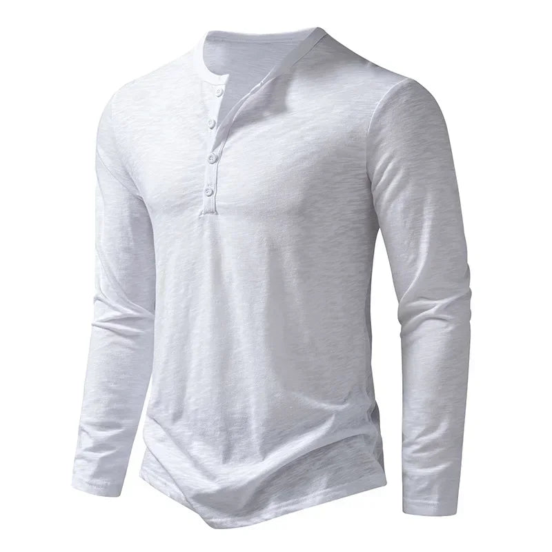 Camiseta de algodão com botão masculina, manga comprida, respirável, camiseta fina, gola Henley, monocromática, casual, moda versátil, outono, nova