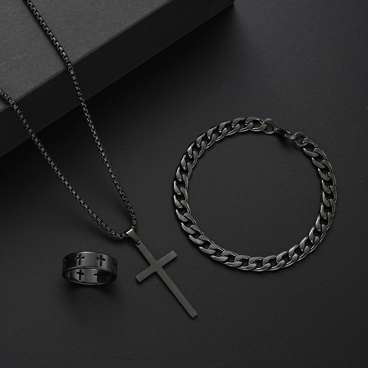 3 pçs pulseira de aço inoxidável colar anel para homens mulheres retro simples e personalizado punk hip hop conjunto jóias moda presentes
