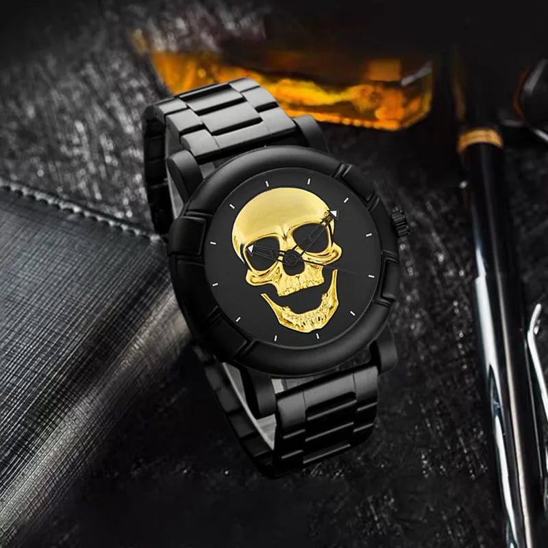 Halloween crânio nk pulseira define relógios masculinos marca de luxo hiphop banda aço inoxidável relógios quartzo para presentes dos homens nova venda quente