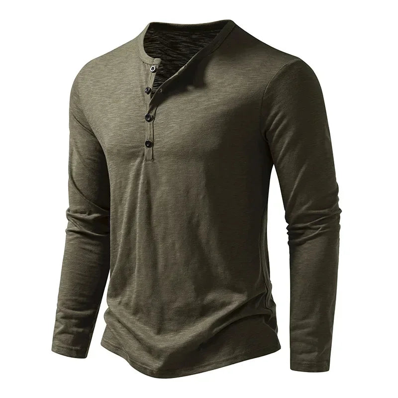 Camiseta de algodão com botão masculina, manga comprida, respirável, camiseta fina, gola Henley, monocromática, casual, moda versátil, outono, nova