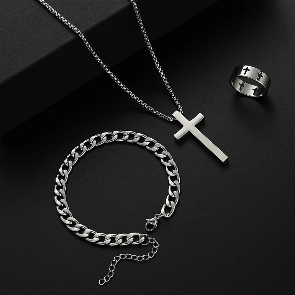 3 pçs conjunto de aço inoxidável metal cruz pingente corrente colar pulseira anel conjunto jóias masculino hip hop uso diário acessórios
