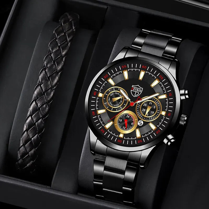 Relógio de pulso quartzo de aço inoxidável masculino, Relógios de negócios, Masculino Casual Data, Pulseira de couro luminoso, Relógio, Moda