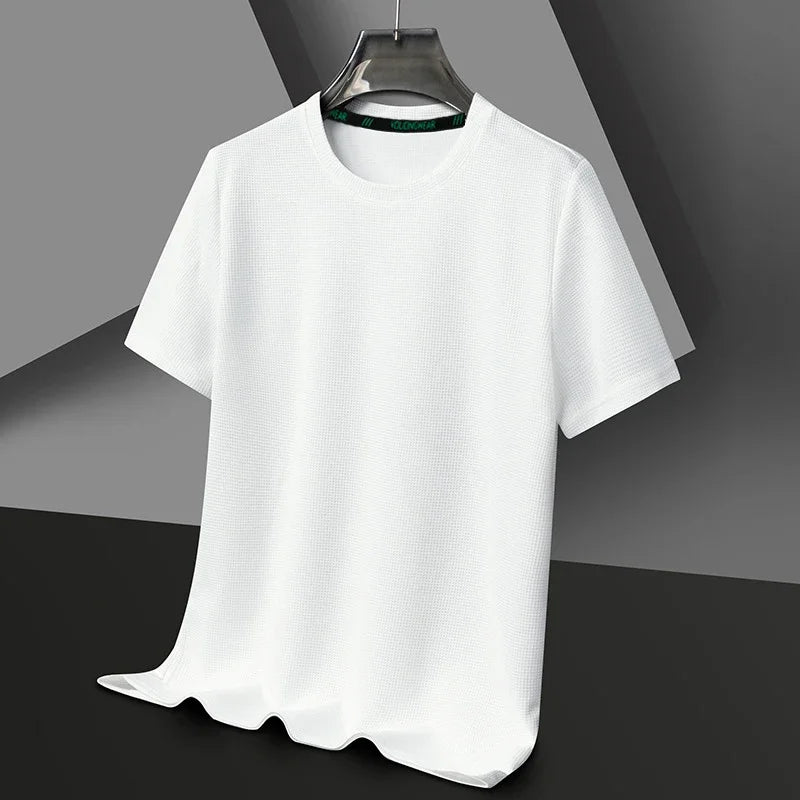 Verão o pescoço manga curta t-shirts para homens casual waffle camiseta dos homens respirável sólido topos moda t camisa homem roupas