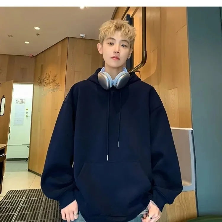 Unissex velo forrado hoodie cor pura oversized casual topo americano high end sentimento primavera outono inverno estilo de rua sweatshir