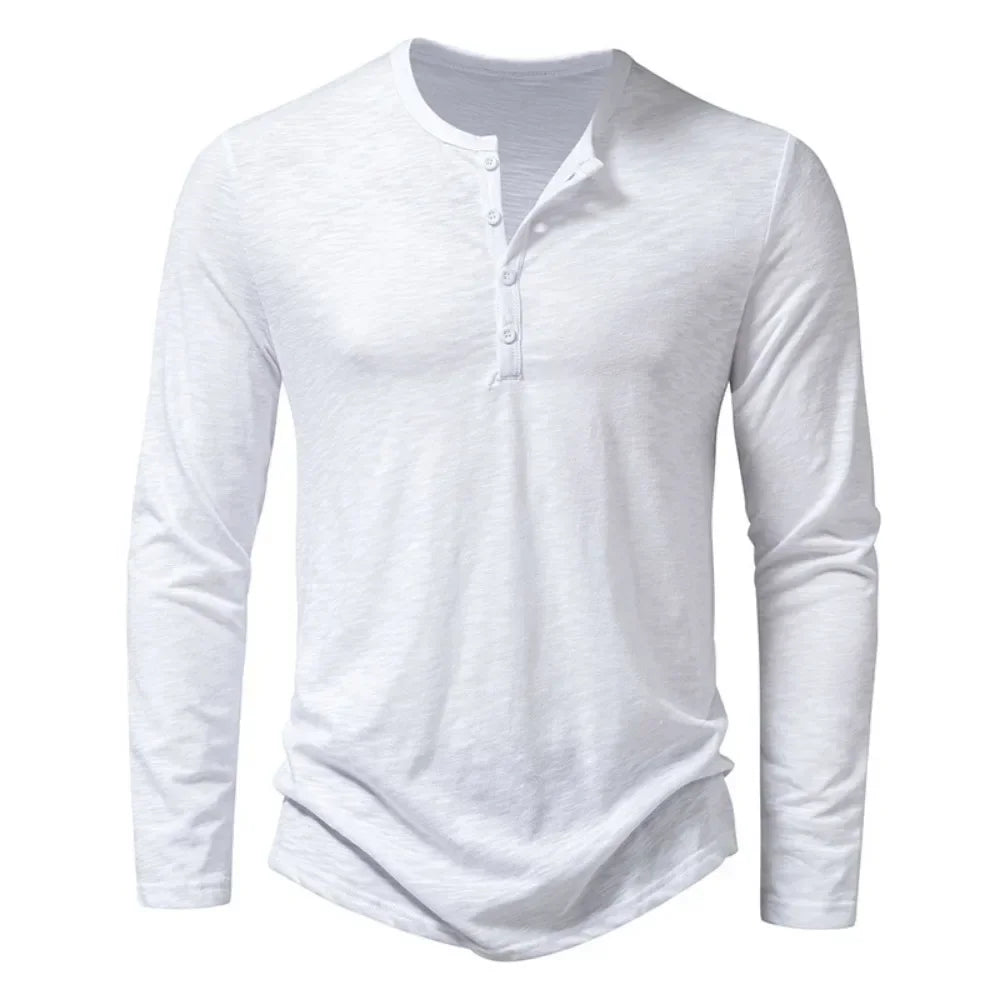 Camiseta de algodão com botão masculina, manga comprida, respirável, camiseta fina, gola Henley, monocromática, casual, moda versátil, outono, nova