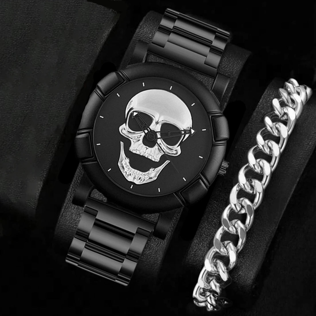 Halloween crânio nk pulseira define relógios masculinos marca de luxo hiphop banda aço inoxidável relógios quartzo para presentes dos homens nova venda quente