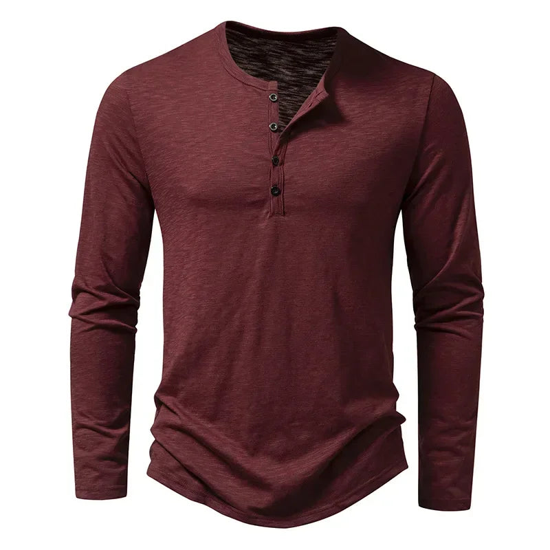 Camiseta de algodão com botão masculina, manga comprida, respirável, camiseta fina, gola Henley, monocromática, casual, moda versátil, outono, nova