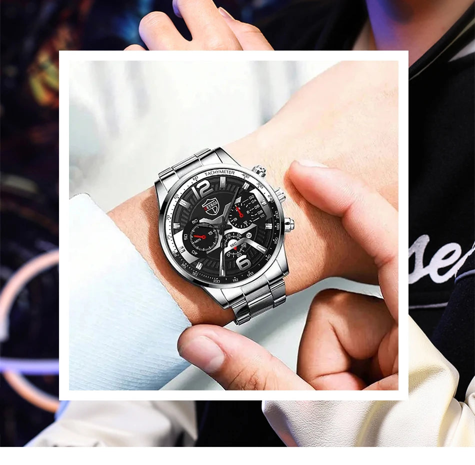 5 pçs conjunto deyros moda masculina calendário relógios negócios aço inoxidável quartzo relógio de pulso masculino casual colar pulseira relógio