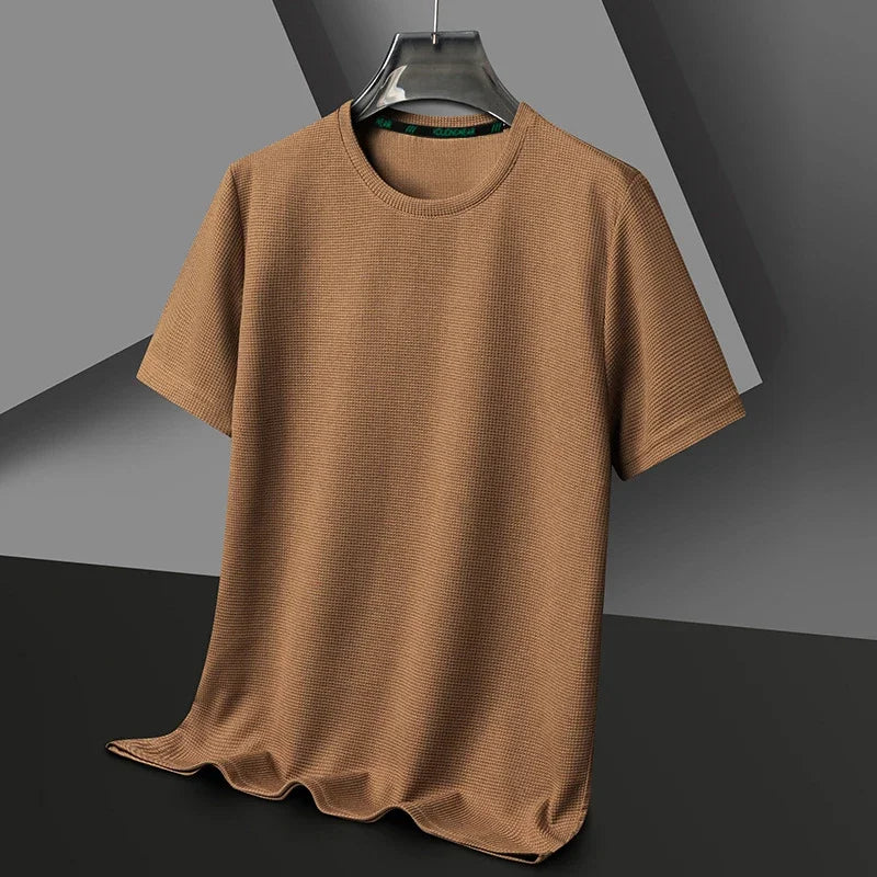 Verão o pescoço manga curta t-shirts para homens casual waffle camiseta dos homens respirável sólido topos moda t camisa homem roupas
