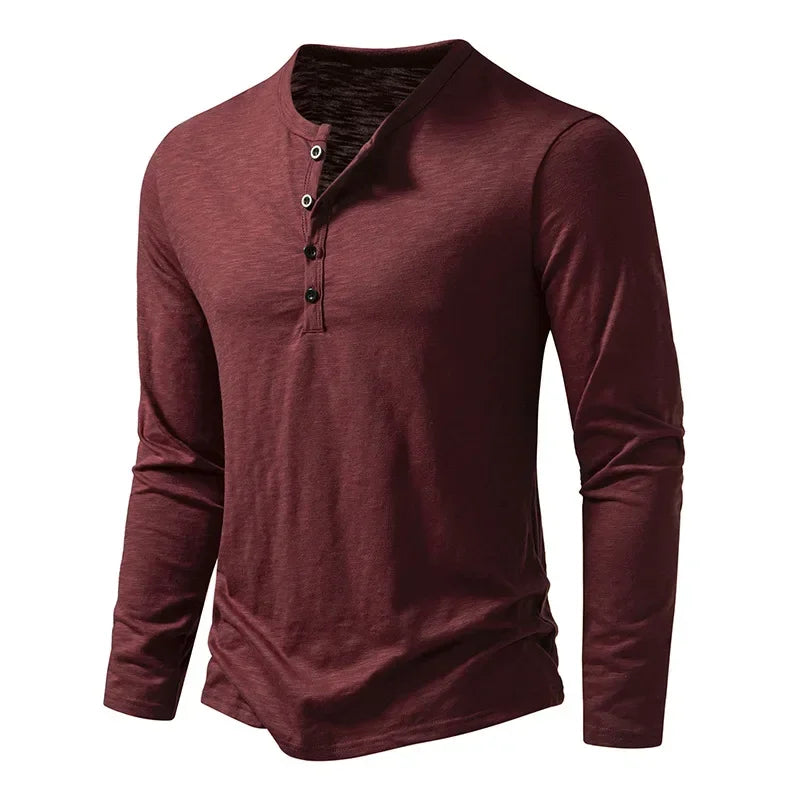 Camiseta de algodão com botão masculina, manga comprida, respirável, camiseta fina, gola Henley, monocromática, casual, moda versátil, outono, nova