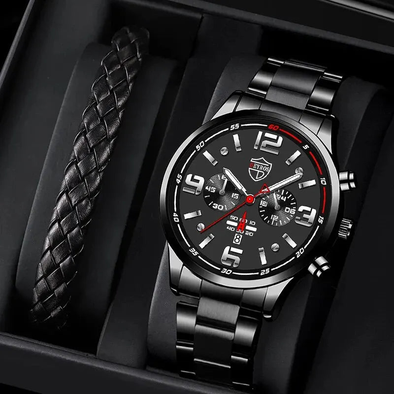 Relógio de pulso quartzo de aço inoxidável masculino, Relógios de negócios, Masculino Casual Data, Pulseira de couro luminoso, Relógio, Moda