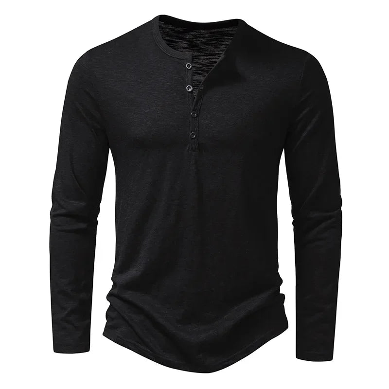 Camiseta de algodão com botão masculina, manga comprida, respirável, camiseta fina, gola Henley, monocromática, casual, moda versátil, outono, nova