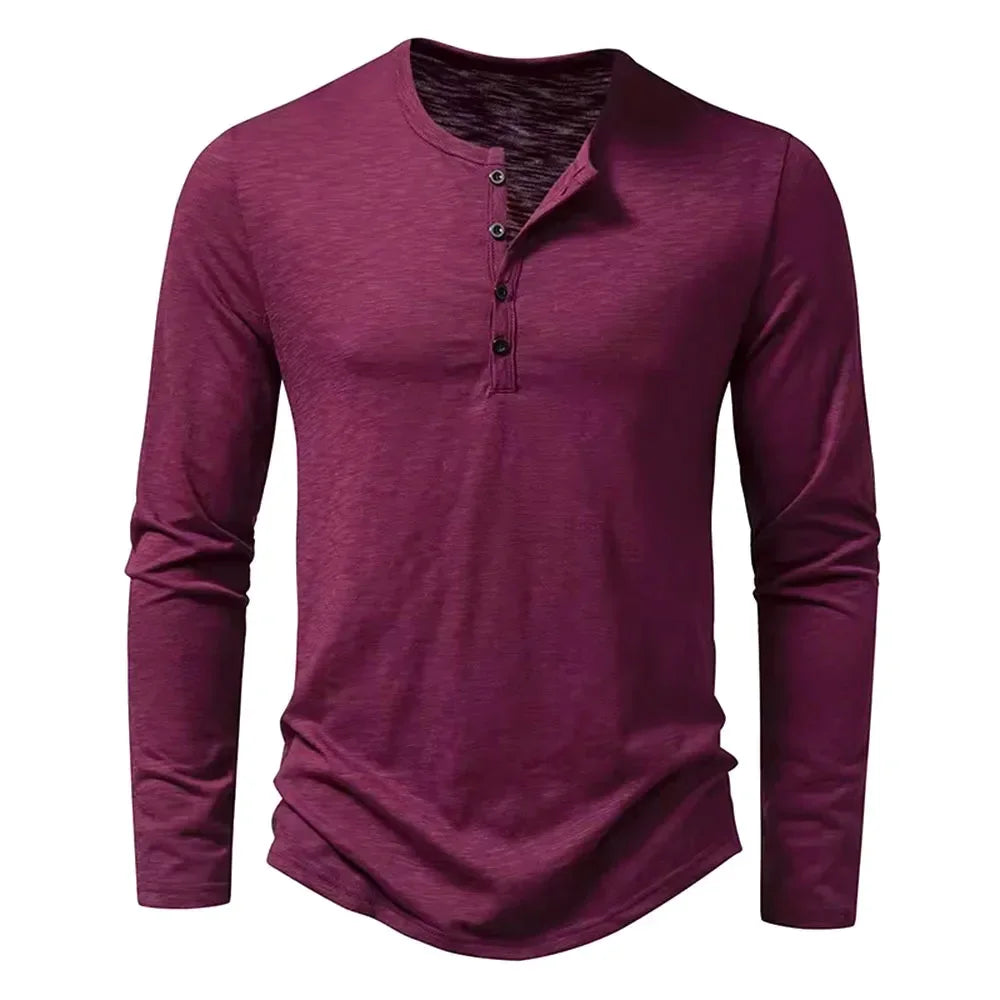Camiseta de algodão com botão masculina, manga comprida, respirável, camiseta fina, gola Henley, monocromática, casual, moda versátil, outono, nova