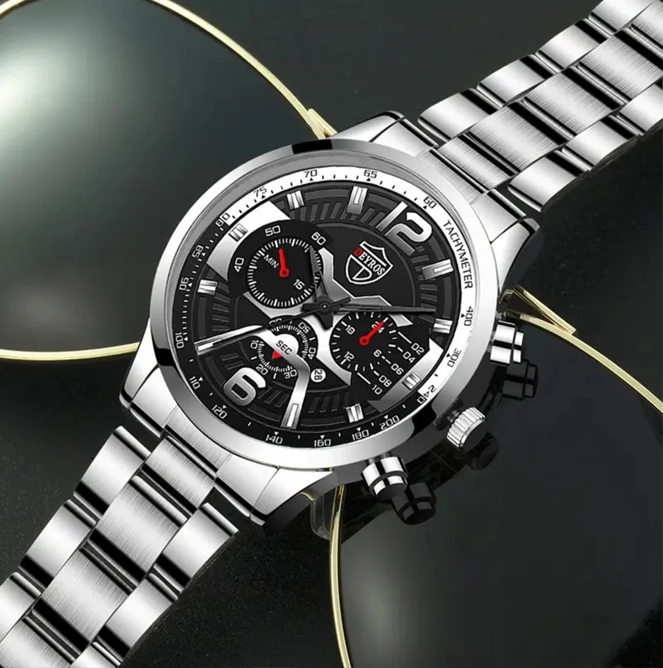 5 pçs conjunto deyros moda masculina calendário relógios negócios aço inoxidável quartzo relógio de pulso masculino casual colar pulseira relógio