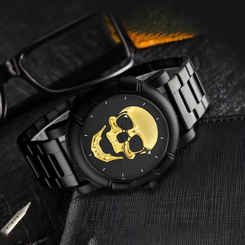 Halloween crânio nk pulseira define relógios masculinos marca de luxo hiphop banda aço inoxidável relógios quartzo para presentes dos homens nova venda quente