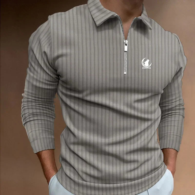Camisa polo com zíper manga comprida masculina, roupa listrada, nova