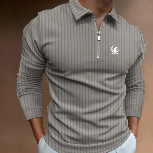 Camisa polo com zíper manga comprida masculina, roupa listrada, nova