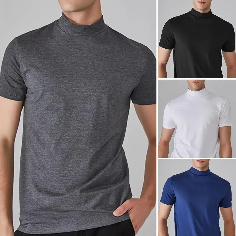 Camiseta masculina meia gola alta fina de secagem rápida camiseta esportiva manga curta elástica verão casual pulôver fino roupas masculinas