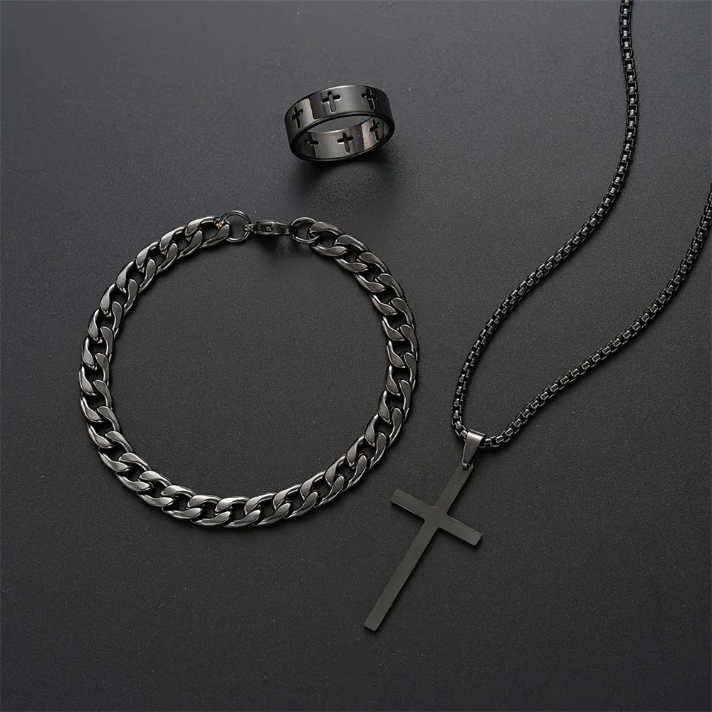 3 pçs conjunto de aço inoxidável metal cruz pingente corrente colar pulseira anel conjunto jóias masculino hip hop uso diário acessórios