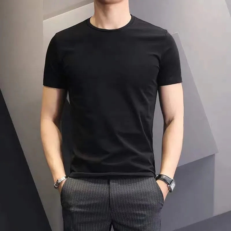 Camisetas masculinas branco preto manga curta solta em torno do pescoço camisas de fundo na moda casual cor sólida pulôver topos roupas masculinas