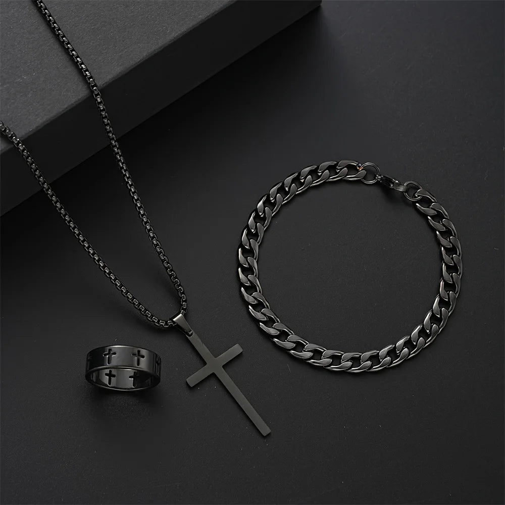 3 pçs conjunto de aço inoxidável metal cruz pingente corrente colar pulseira anel conjunto jóias masculino hip hop uso diário acessórios