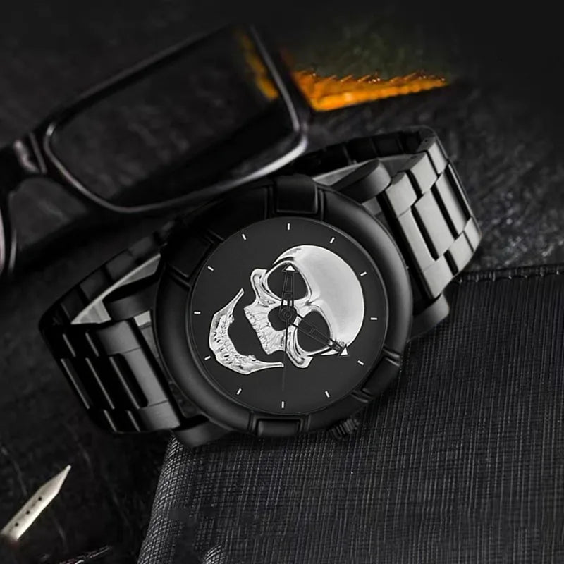 Halloween crânio nk pulseira define relógios masculinos marca de luxo hiphop banda aço inoxidável relógios quartzo para presentes dos homens nova venda quente