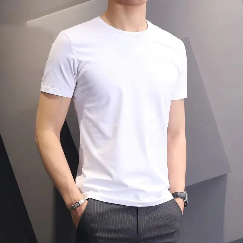 Camisetas masculinas branco preto manga curta solta em torno do pescoço camisas de fundo na moda casual cor sólida pulôver topos roupas masculinas
