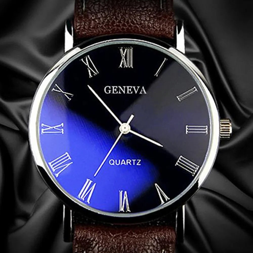 Relógio clássico vintage Genebra para homens, relógio de pulso analógico de quartzo empresarial, algarismos romanos, Blu-Ray, pulseira de couro sintético