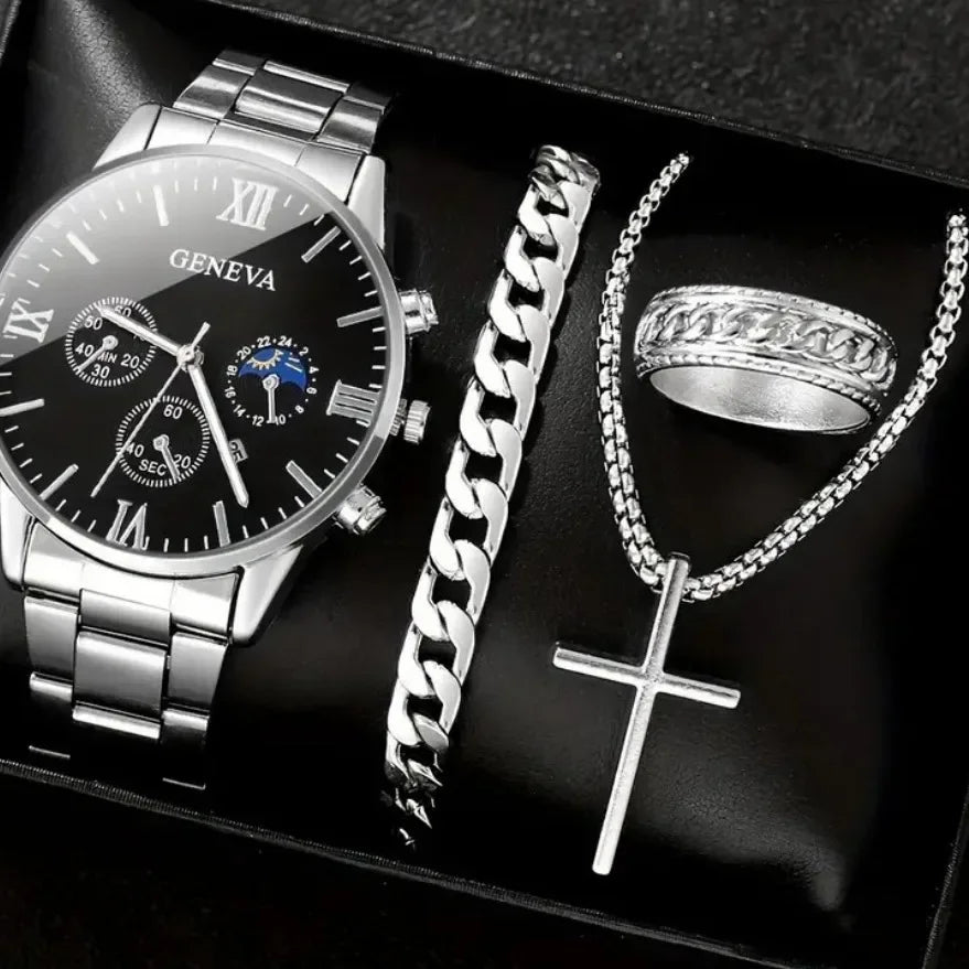 Conjunto de Relógio de Quartzo e Acessórios Masculinos