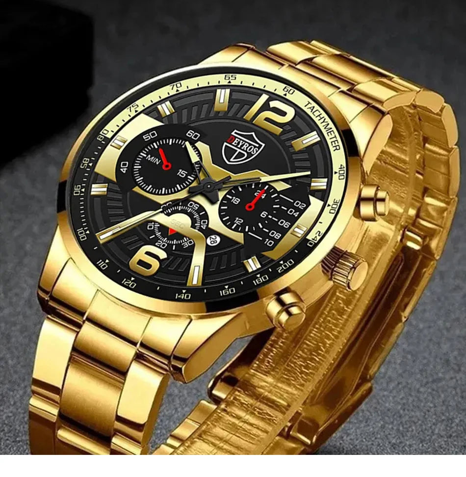 5 pçs conjunto deyros moda masculina calendário relógios negócios aço inoxidável quartzo relógio de pulso masculino casual colar pulseira relógio