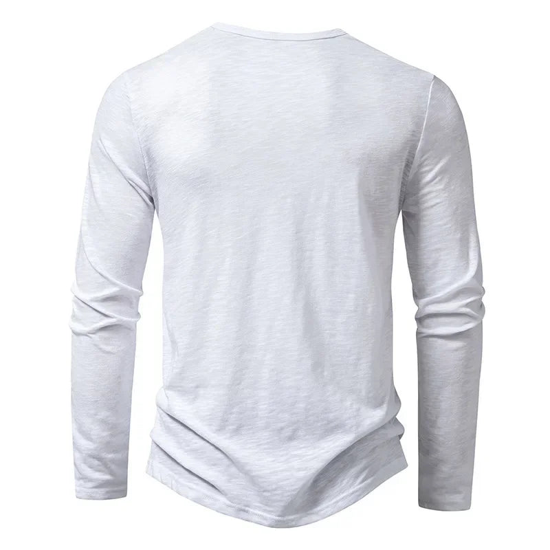 Camiseta de algodão com botão masculina, manga comprida, respirável, camiseta fina, gola Henley, monocromática, casual, moda versátil, outono, nova