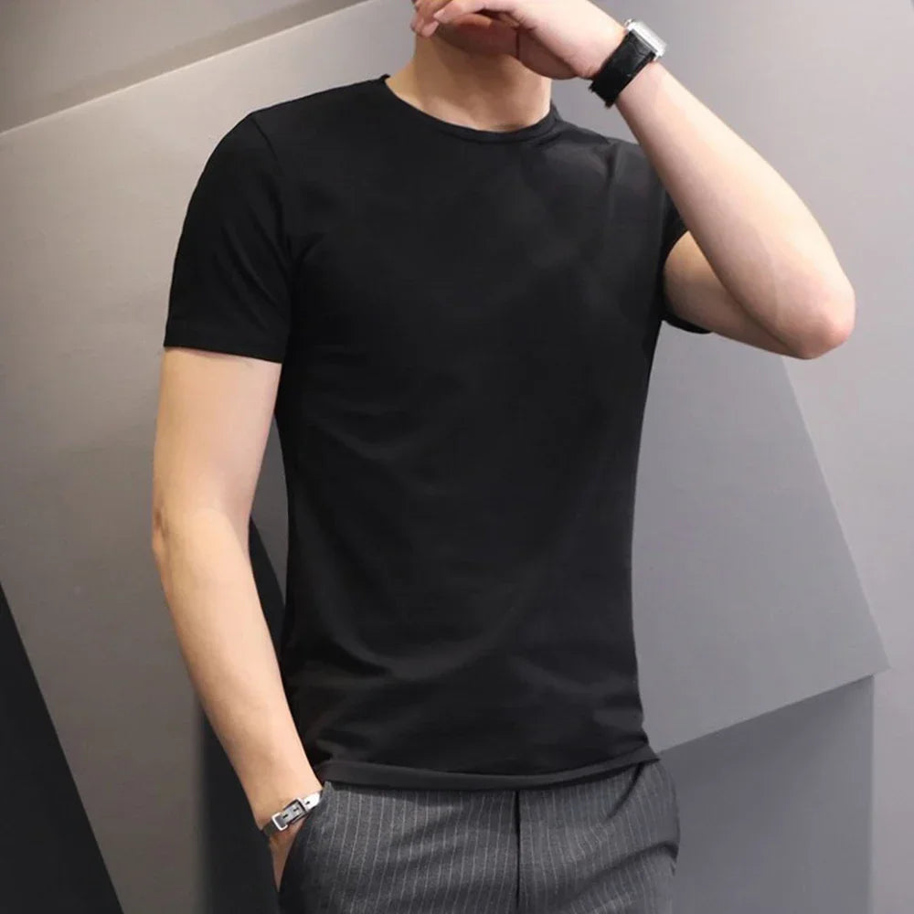 Camisetas masculinas branco preto manga curta solta em torno do pescoço camisas de fundo na moda casual cor sólida pulôver topos roupas masculinas