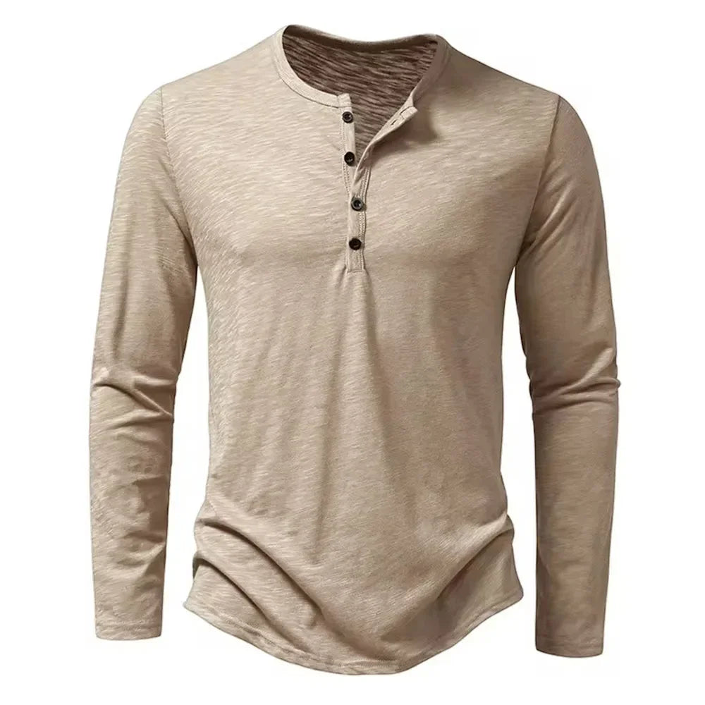 Camiseta de algodão com botão masculina, manga comprida, respirável, camiseta fina, gola Henley, monocromática, casual, moda versátil, outono, nova