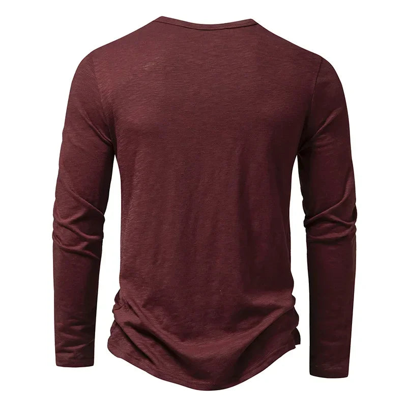 Camiseta de algodão com botão masculina, manga comprida, respirável, camiseta fina, gola Henley, monocromática, casual, moda versátil, outono, nova
