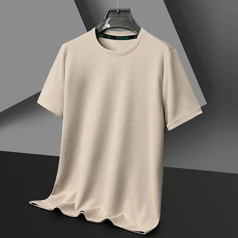Verão o pescoço manga curta t-shirts para homens casual waffle camiseta dos homens respirável sólido topos moda t camisa homem roupas