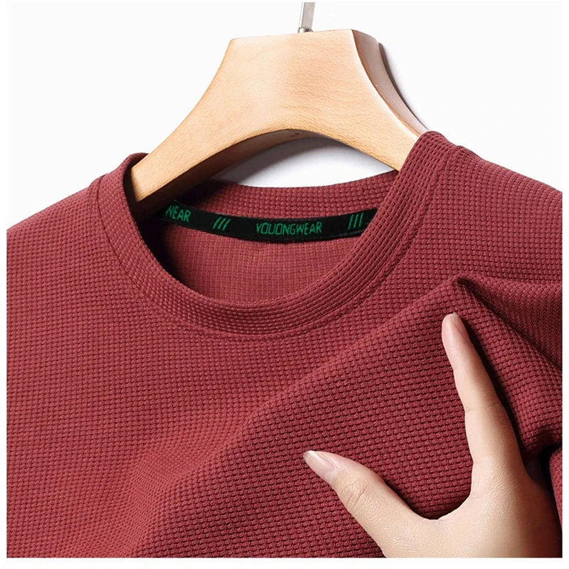 Verão o pescoço manga curta t-shirts para homens casual waffle camiseta dos homens respirável sólido topos moda t camisa homem roupas