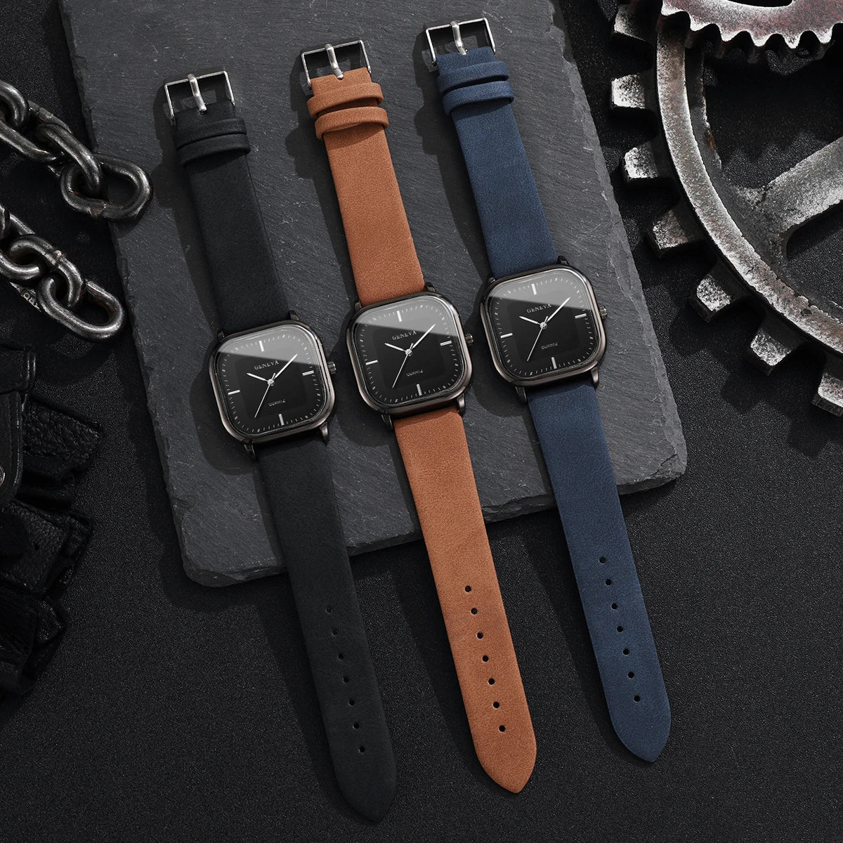 Moda mostrador quadrado relógios masculinos minimalista relógio de quartzo casual pulseira de couro relógio de pulso reloj hombre (sem caixa)