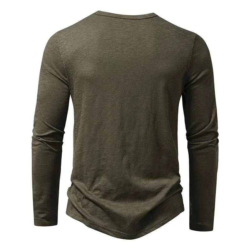 Camiseta de algodão com botão masculina, manga comprida, respirável, camiseta fina, gola Henley, monocromática, casual, moda versátil, outono, nova