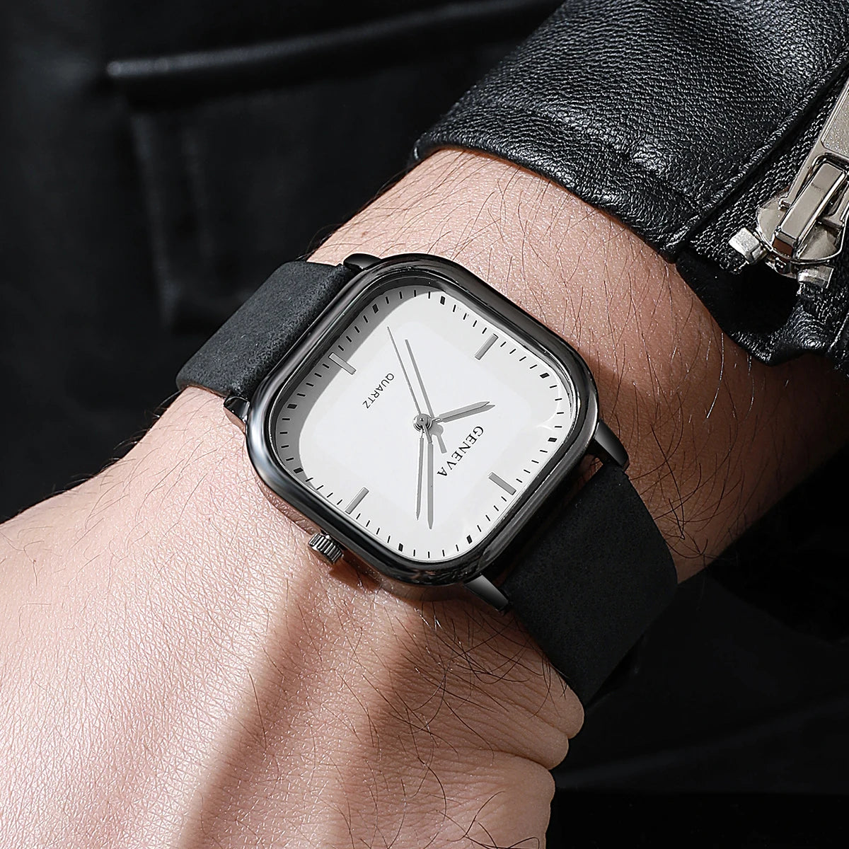 Moda mostrador quadrado relógios masculinos minimalista relógio de quartzo casual pulseira de couro relógio de pulso reloj hombre (sem caixa)